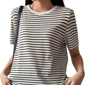 New Black/Ecru Stripe Heavyweight Short Sleeve Ribbed Crew Neck T-Shirt